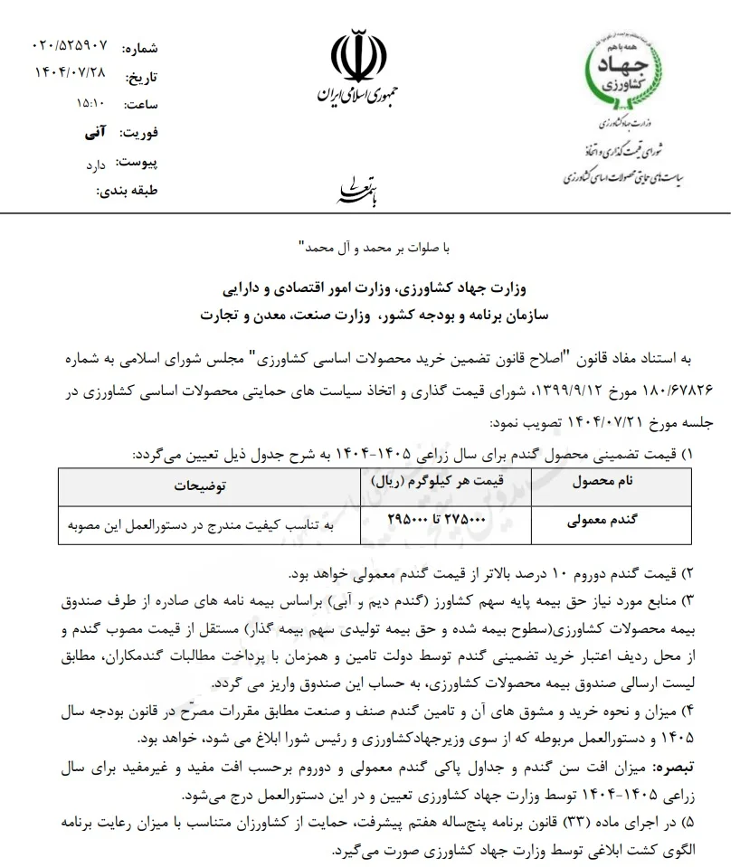 قیمت خرید تضمینی گندم برای سال زراعی ۱۴۰۴-۱۴۰۵ سرانجام اعلام شد